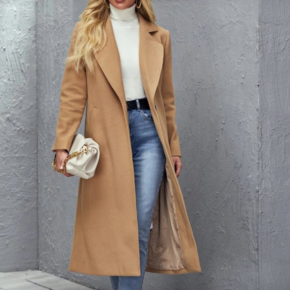 winter peacoat trench long jacket camel tan brown long line - Picture 1 of 11
